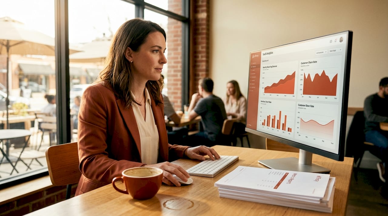 Business analyst reviewing SaaS analytics dashboard