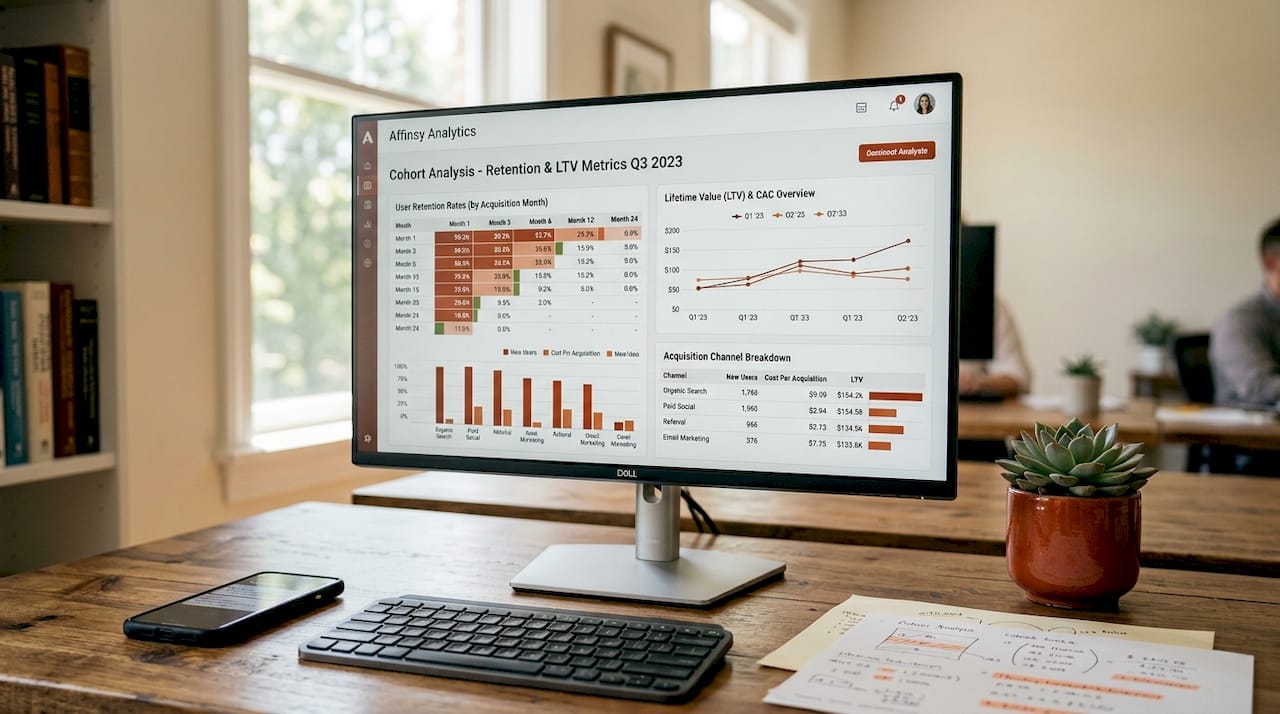 Cohort analysis metrics dashboard on screen