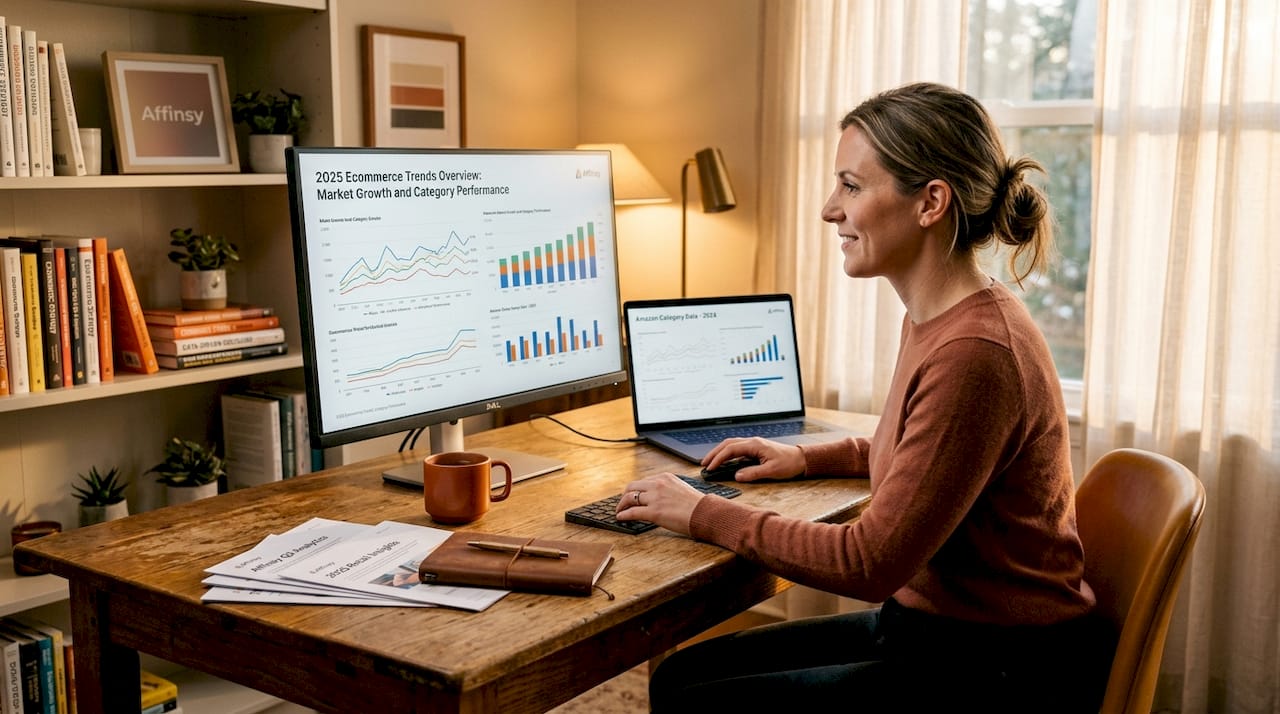 Ecommerce analyst reviewing trend data at desk