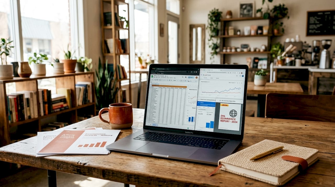 Laptop workspace with ecommerce data sources open