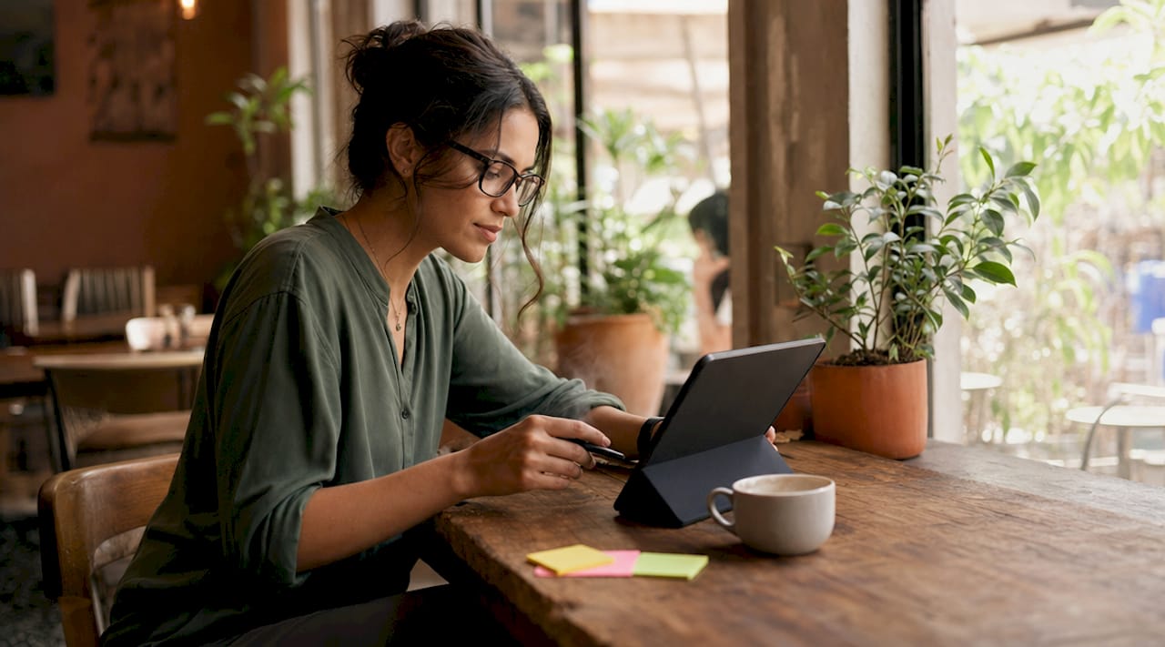 Retail analyst working at office desk with reports and monitor