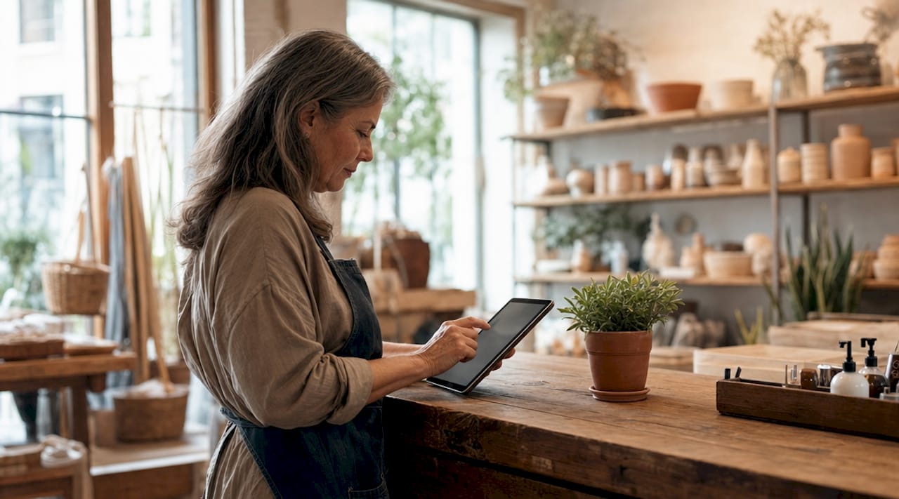 Store manager working with sales data on tablet