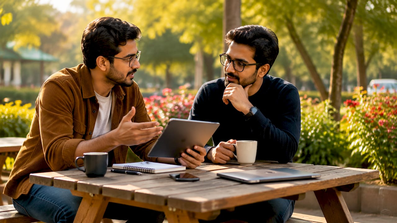 Two men discussing AI tools over tablets