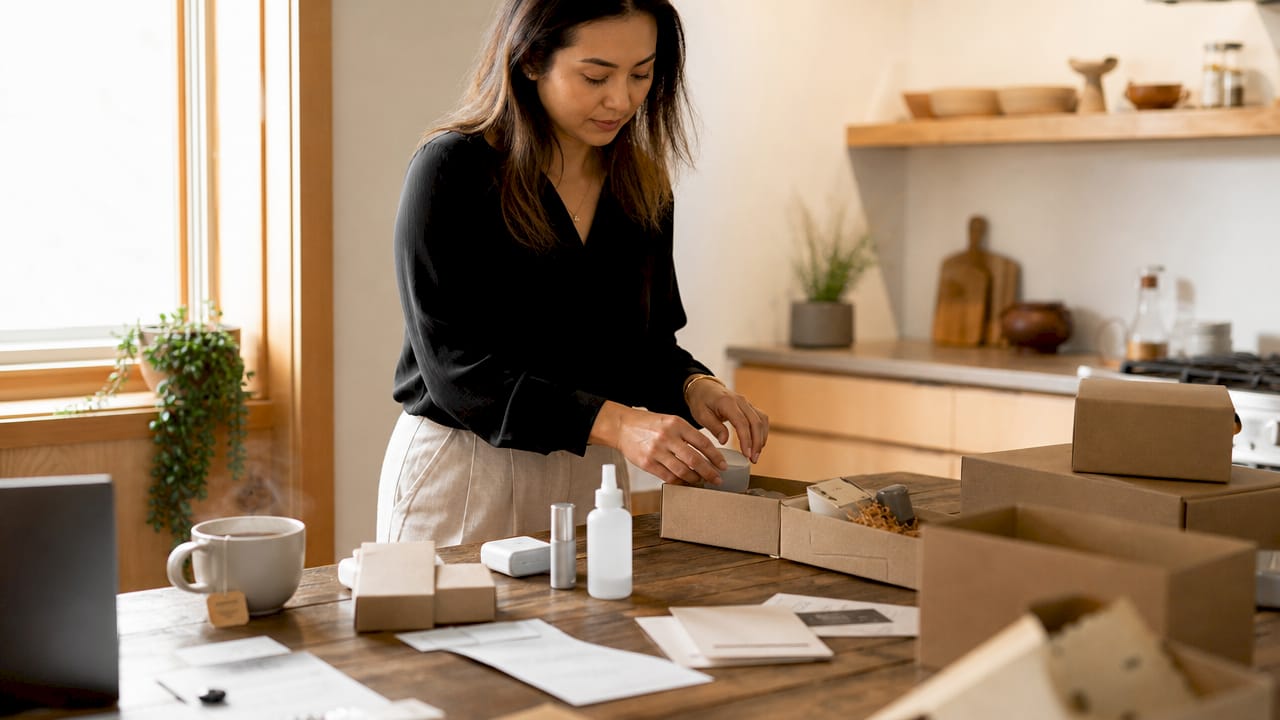 Woman assembling product bundles at desk
