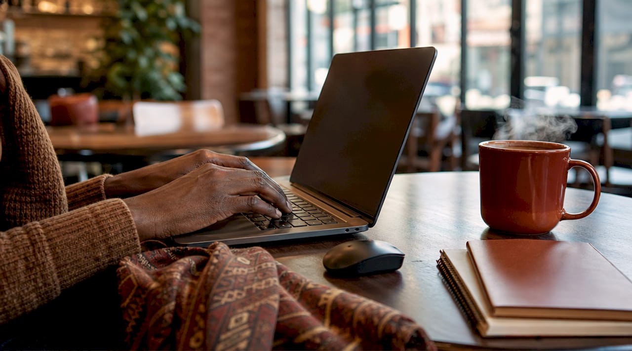 Close-up of hands typing on laptop in home office
