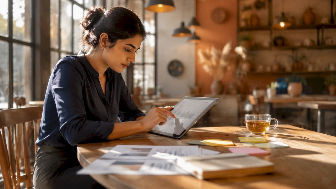 Retail analyst reviewing data at office desk