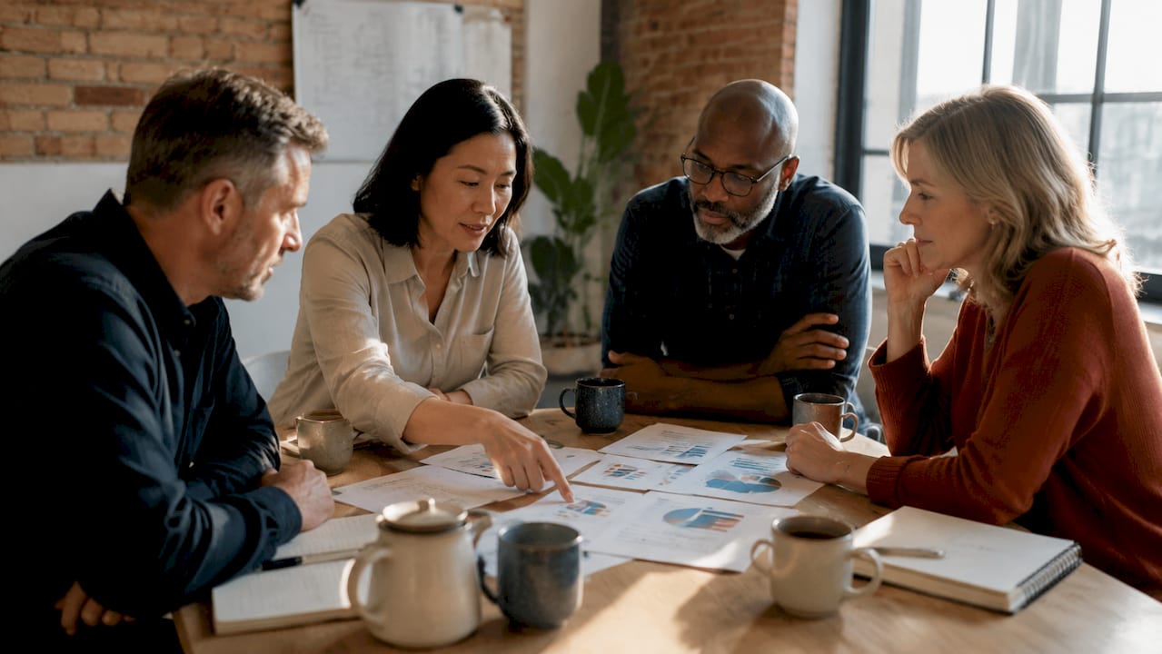 Retail team collaborating over insight reports