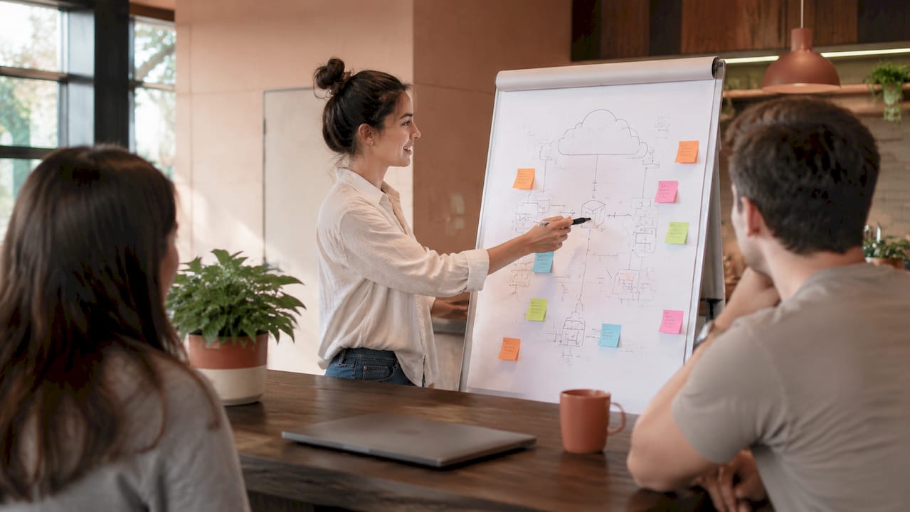 Systems analyst explaining SaaS efficiency on whiteboard