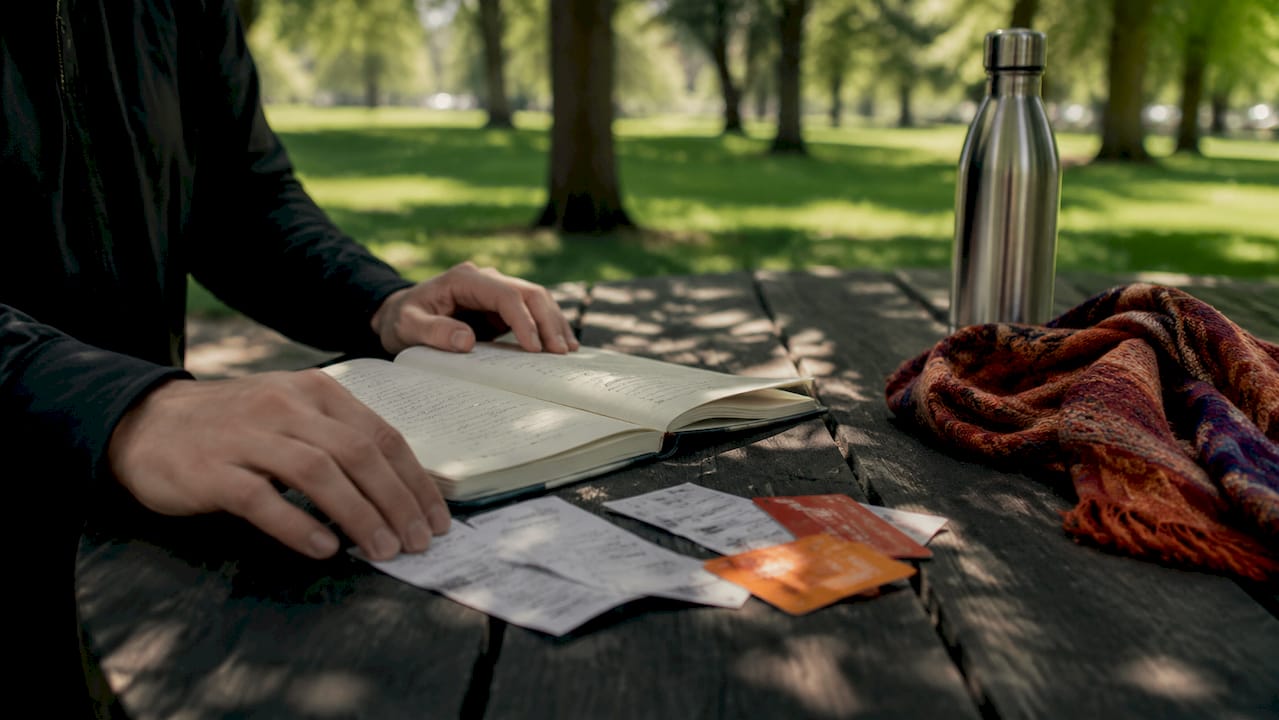 Hands arranging loyalty program items on table
