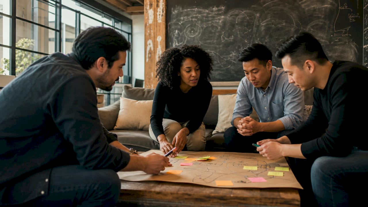 Team collaborating on dashboard design with sketches