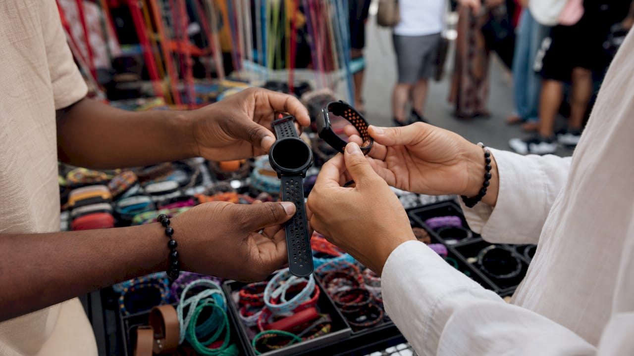 Hands choosing complementary retail products
