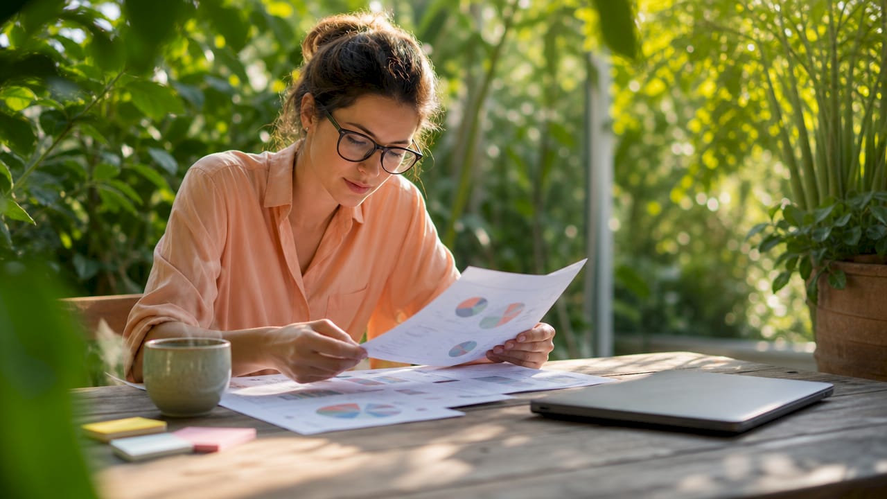 Woman reviewing customer retention reports at desk