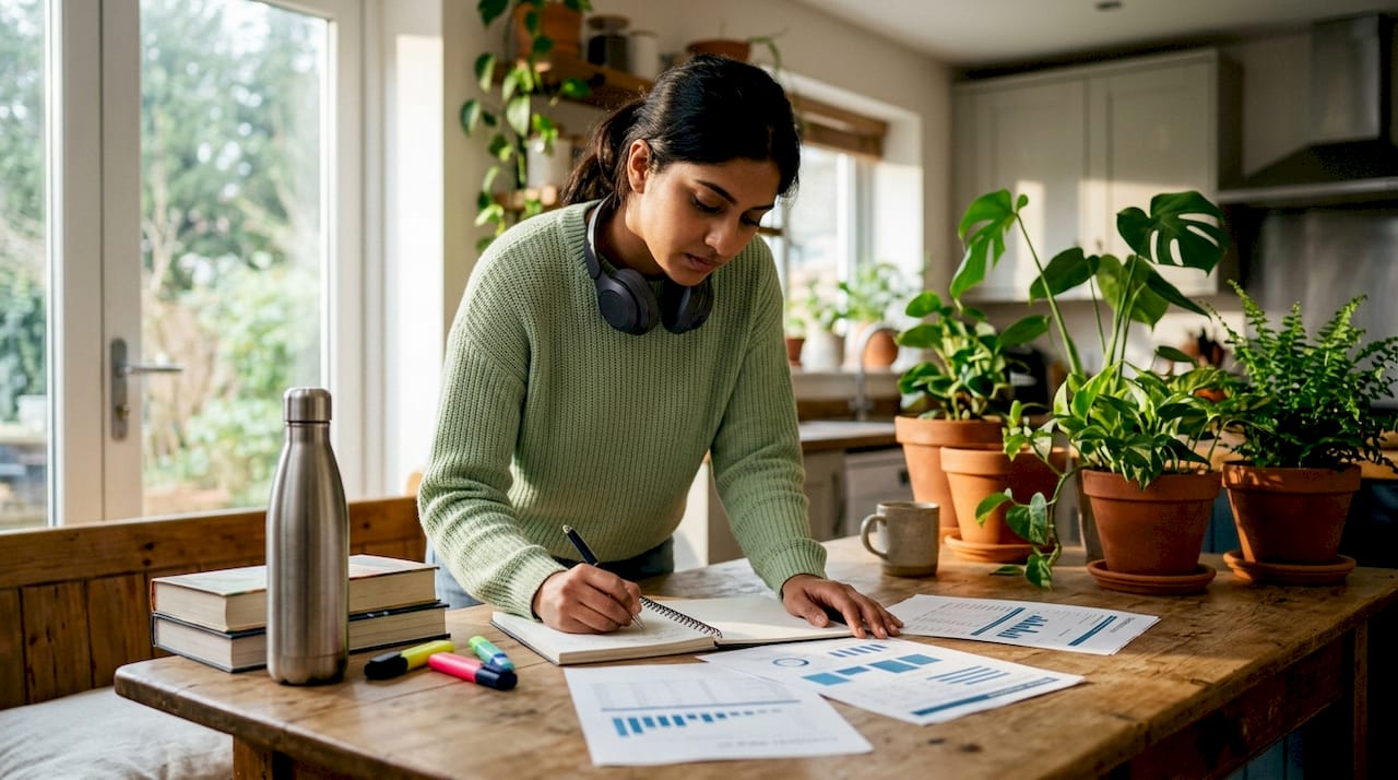 Data analyst at standing desk reviewing customer data