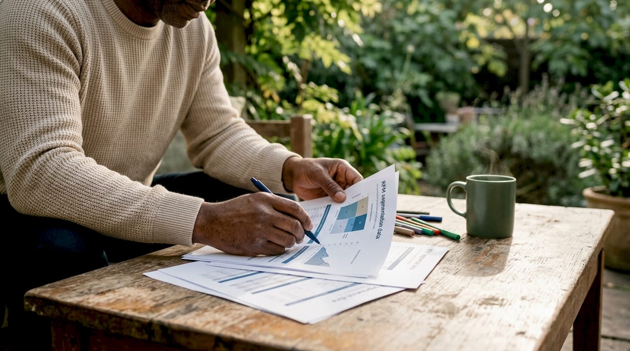Hands examining RFM segmentation charts on table