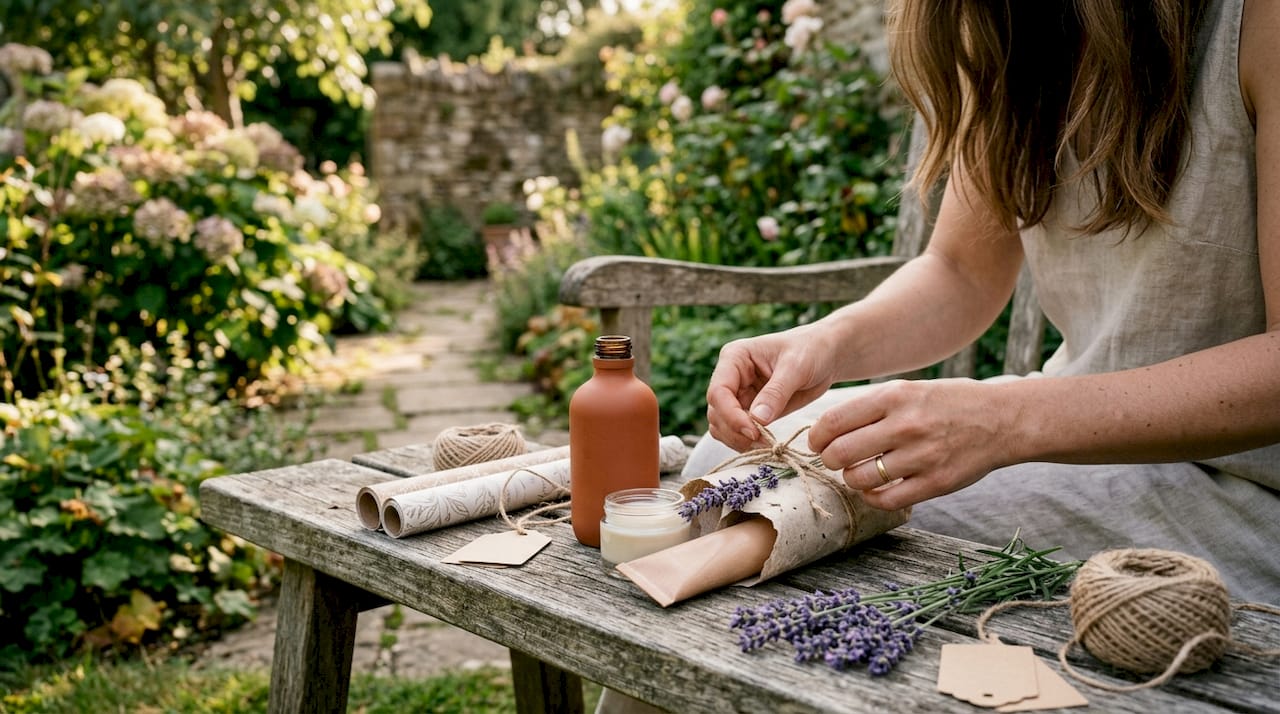 Hands preparing product bundle packaging
