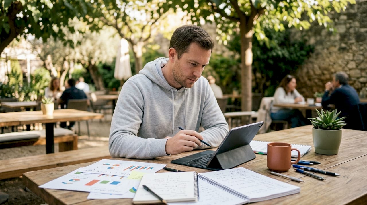 Hands analyzing ecommerce behavioral metrics on tablet