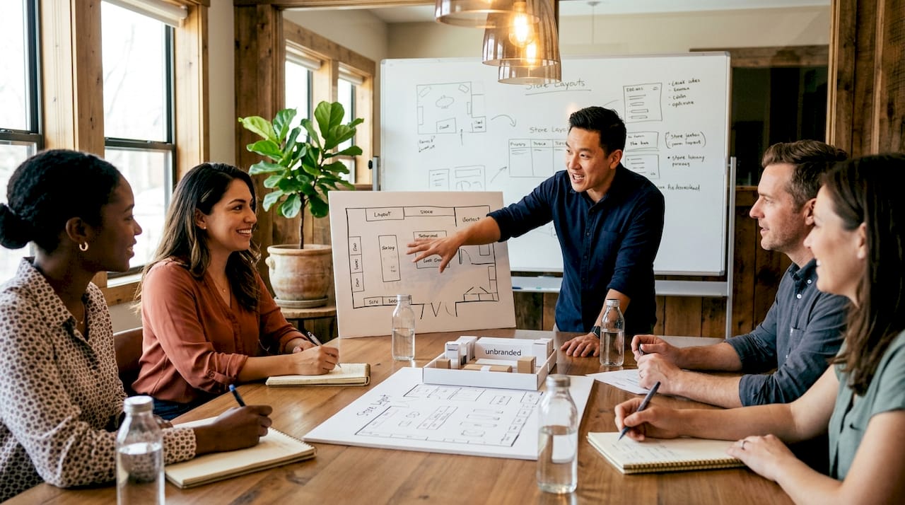 Retail team planning store layout with product mockups