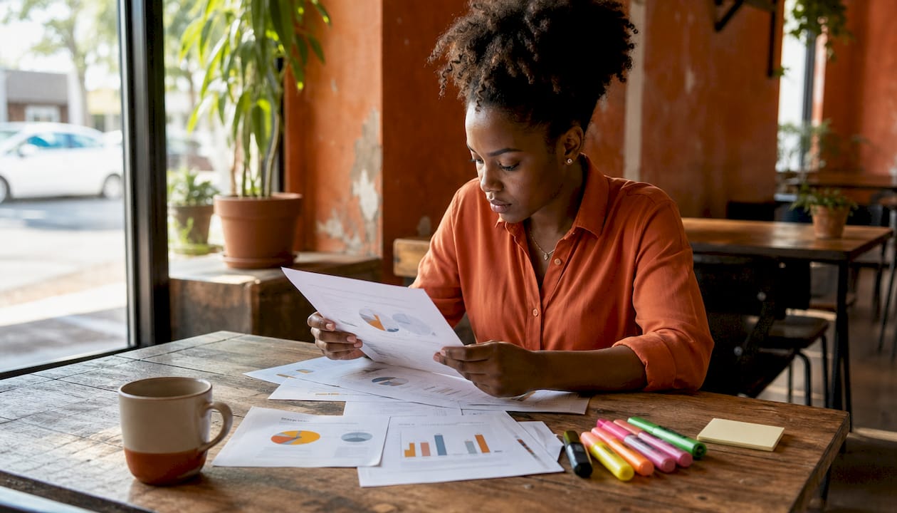 Woman reviewing retail segmentation reports at co-working space
