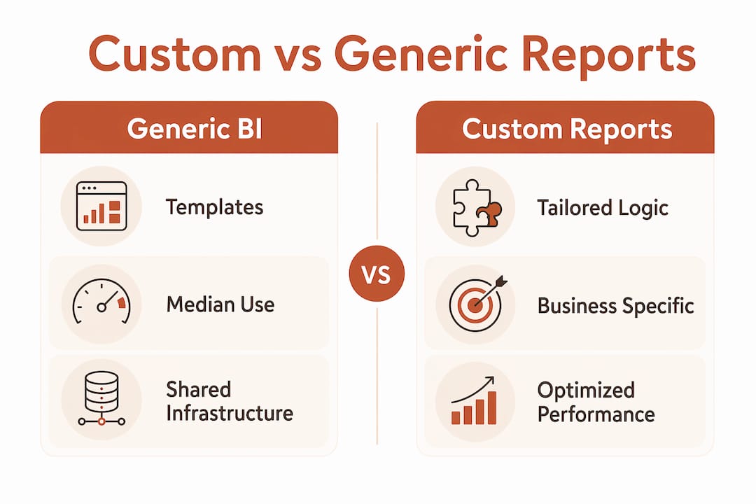 Infographic comparing generic BI and custom ecommerce reports