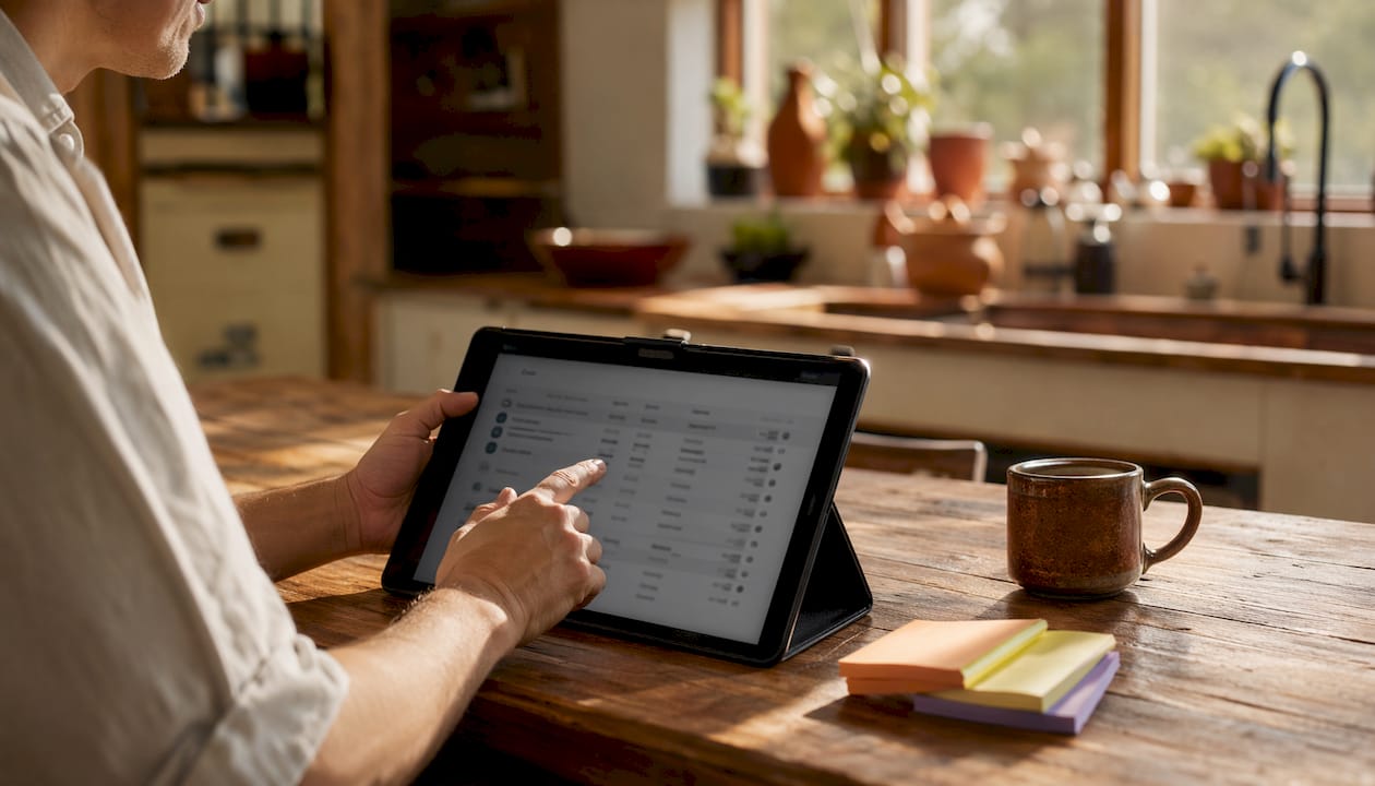 Hands typing CRM data on tablet in home office