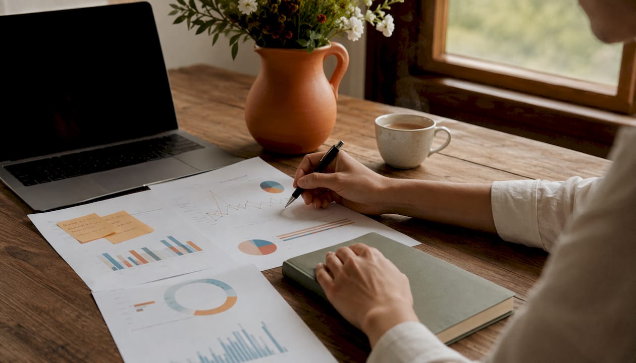 Hands pointing to seasonal sales data charts
