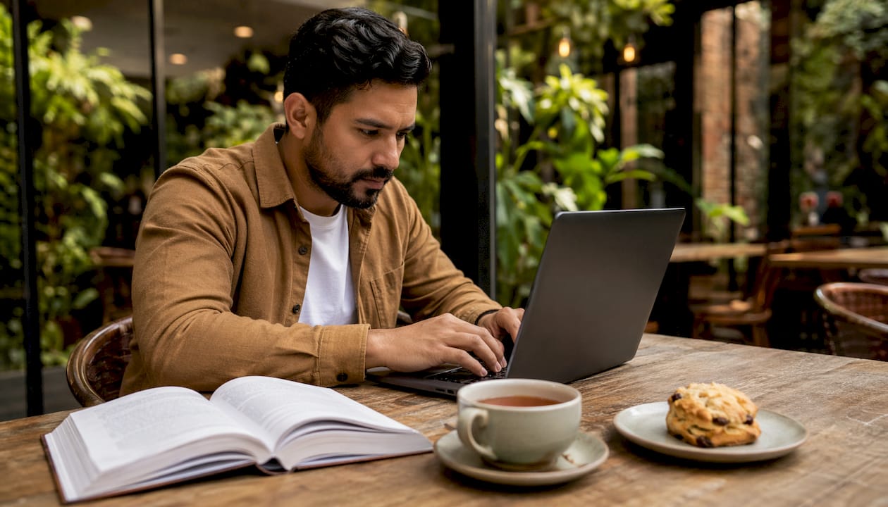 Hands typing on laptop with data book nearby