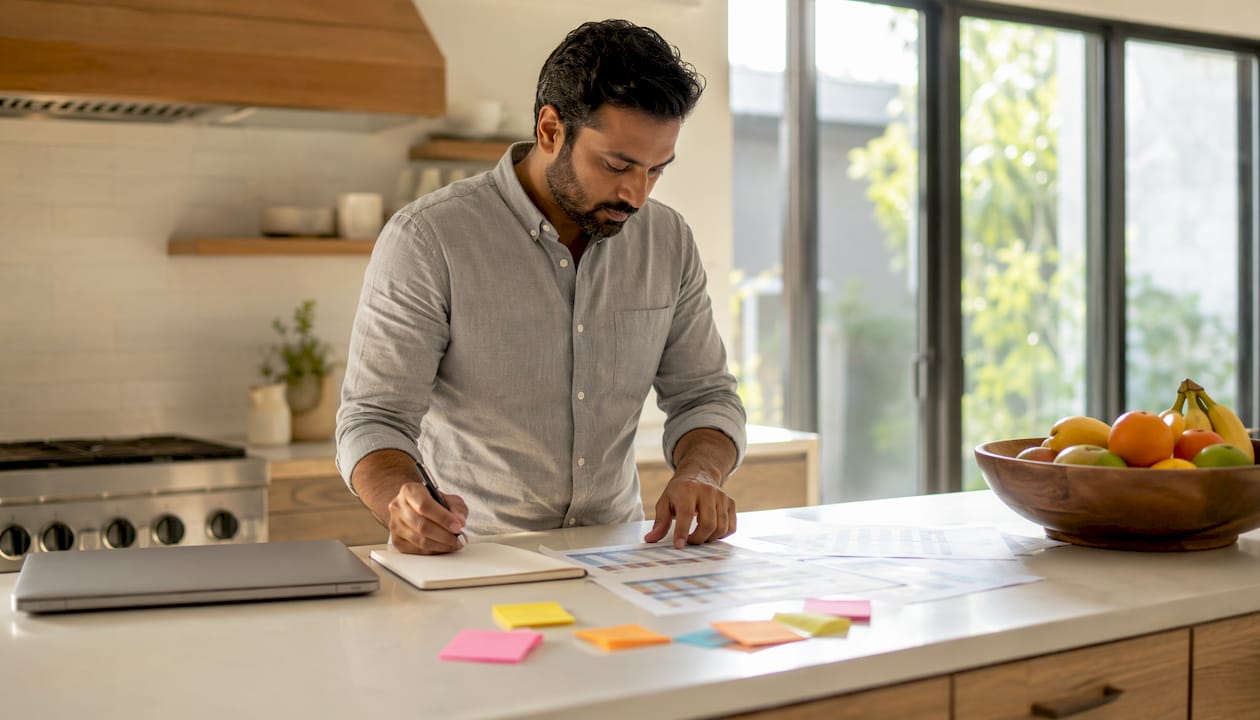 Man reviewing customer purchase reports at desk