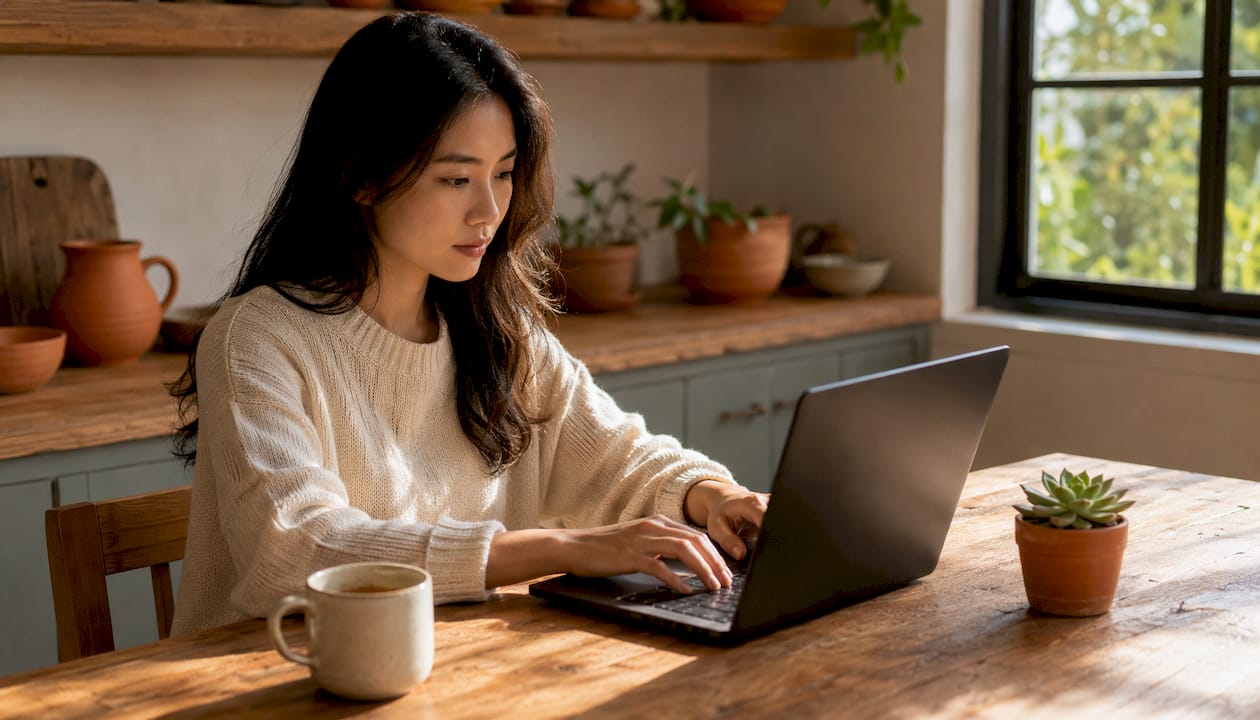 Hands typing on laptop in clean workspace