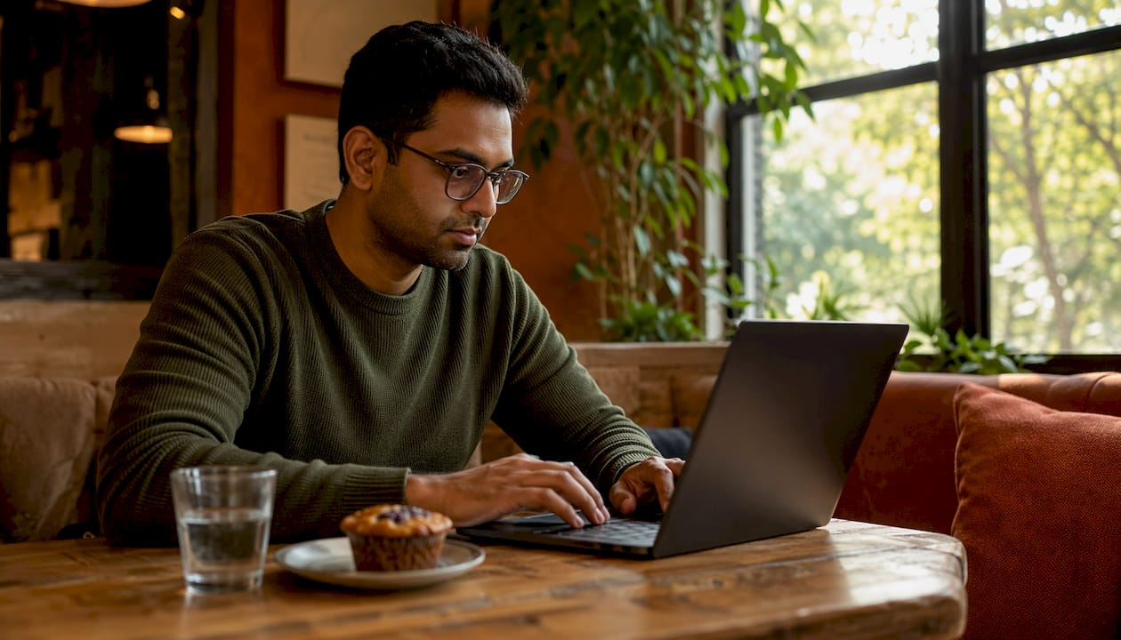 Man typing e-commerce AI analytics data in home office