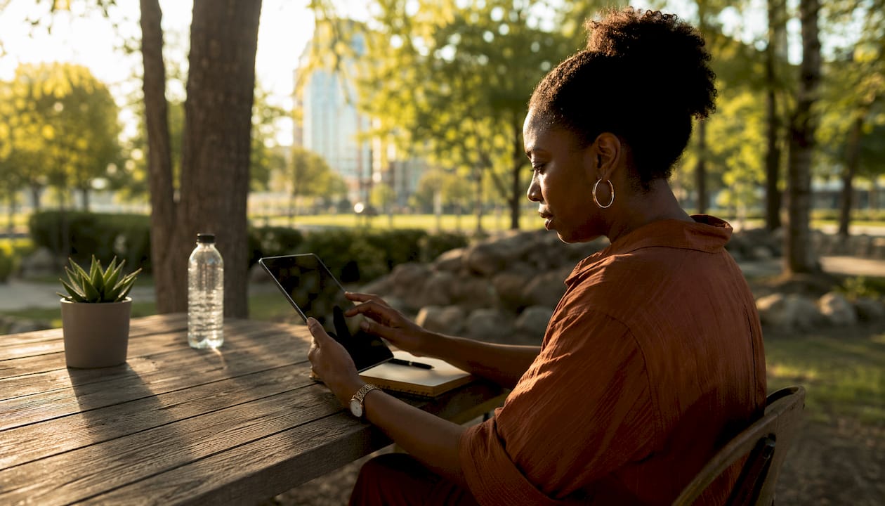 Professional woman reviewing AI analytics platform on tablet