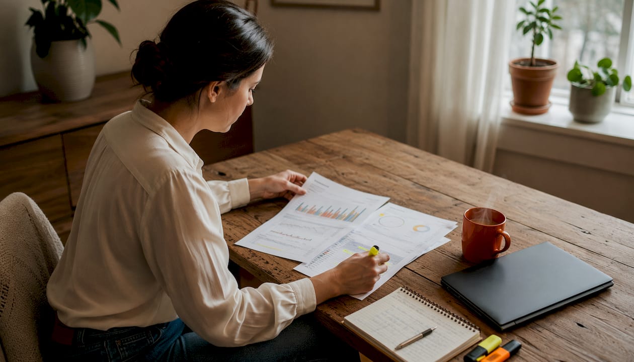 Woman reviewing sales reports at home table