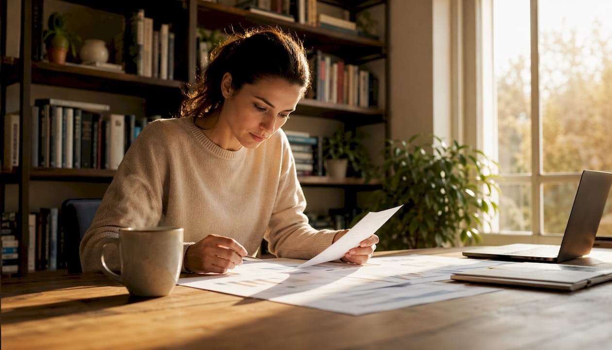 E-commerce manager reviewing sales reports at desk