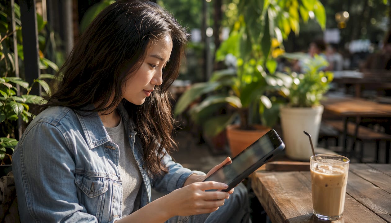 Woman using tablet in coffee shop