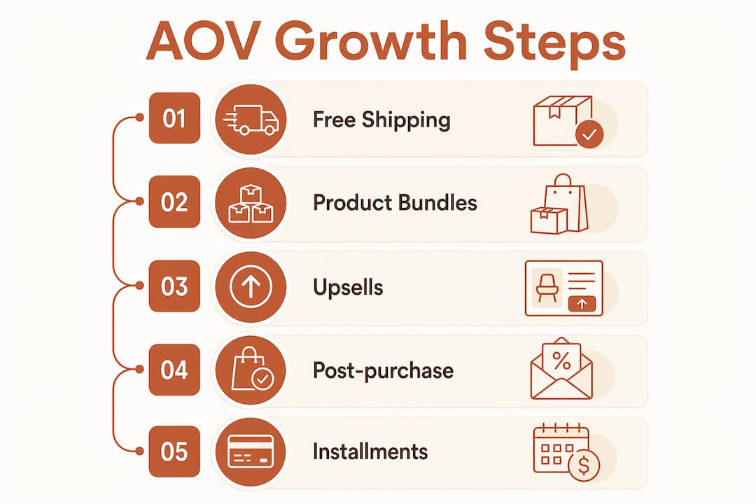 Infographic displaying AOV growth steps through key tactics