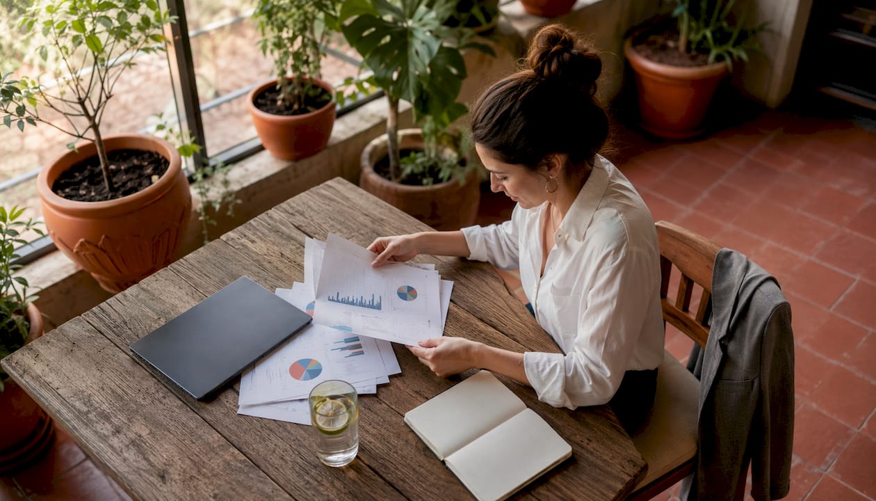 E-commerce manager reviewing analytics documents