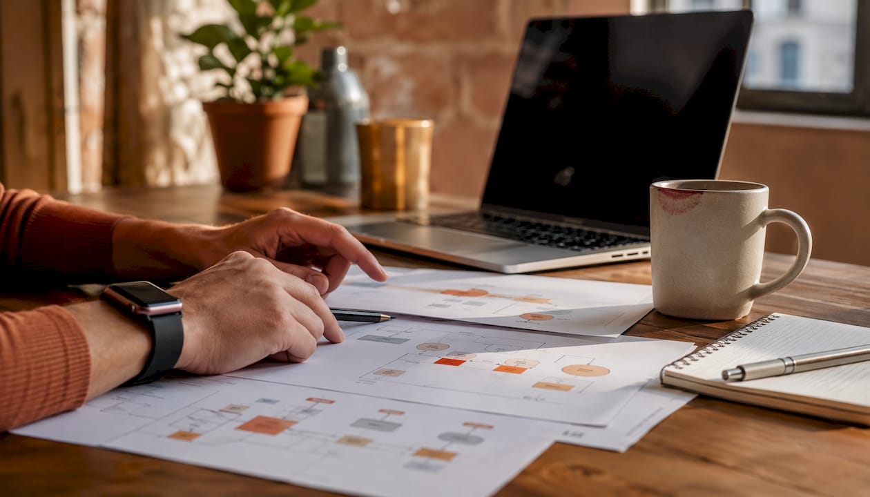 Hands examining ecommerce multi-store architecture diagrams