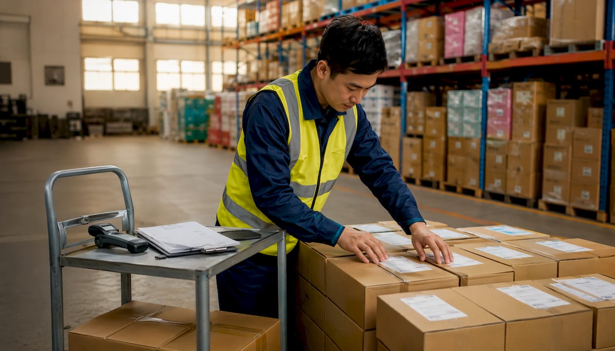 Hands attaching SKU labels in warehouse