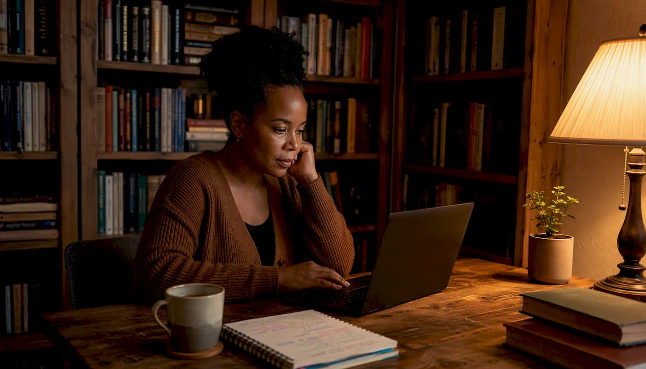 Woman analyzing repeat purchase spreadsheets at desk