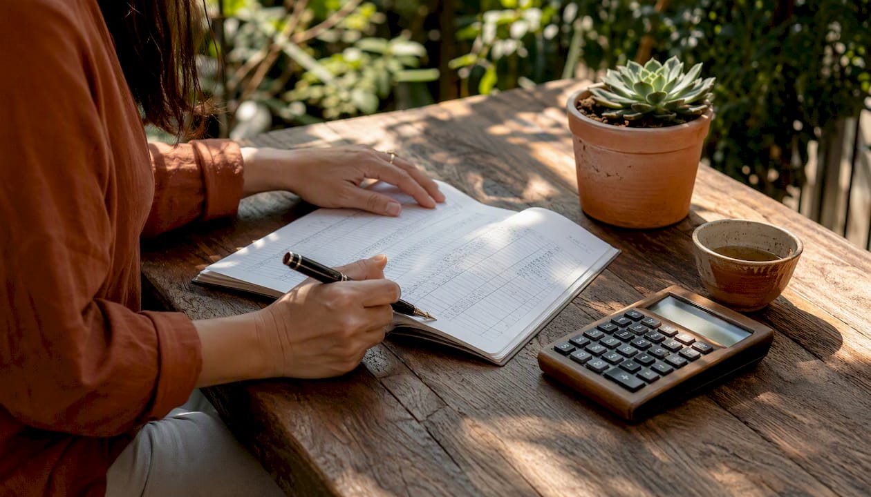 Hands calculating sales totals on spreadsheet