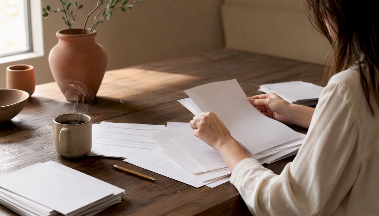 Hands arranging profit margin reports on desk