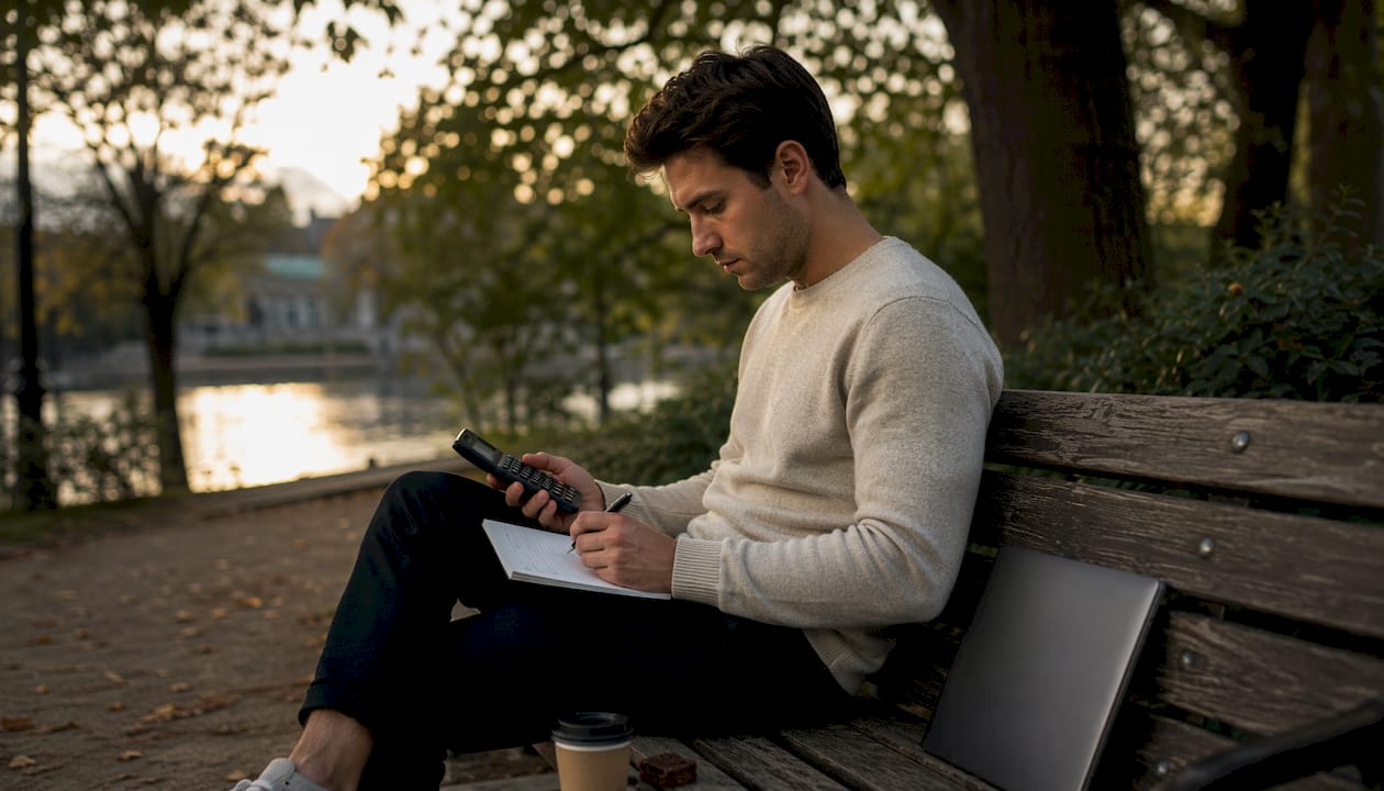 Man calculating car loan payment outdoors