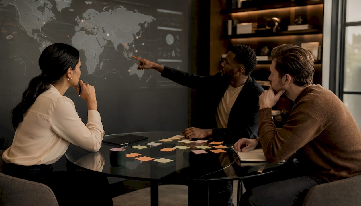 Team analyzing US state car loan rate map in office