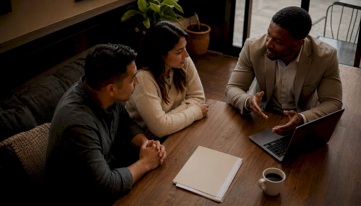 Loan officer consulting couple about credit and loan rates