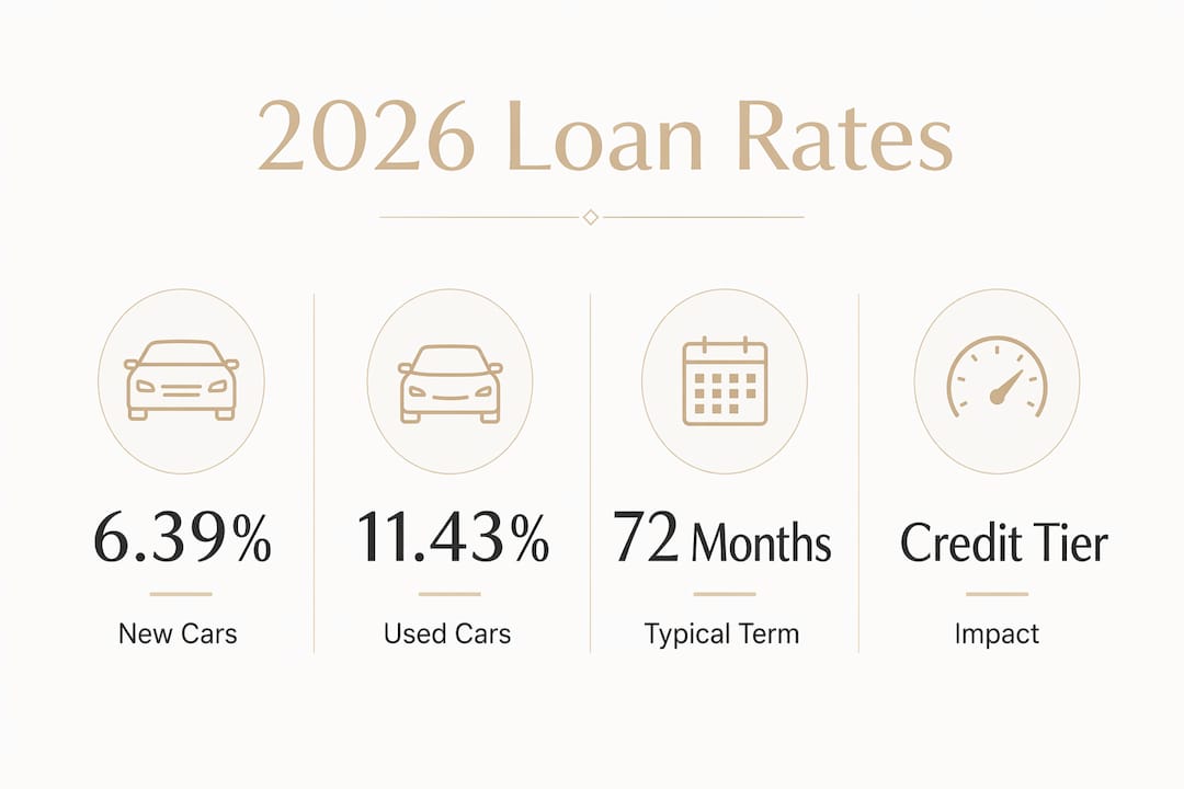 Infographic showing average car loan rates and key stats for 2026