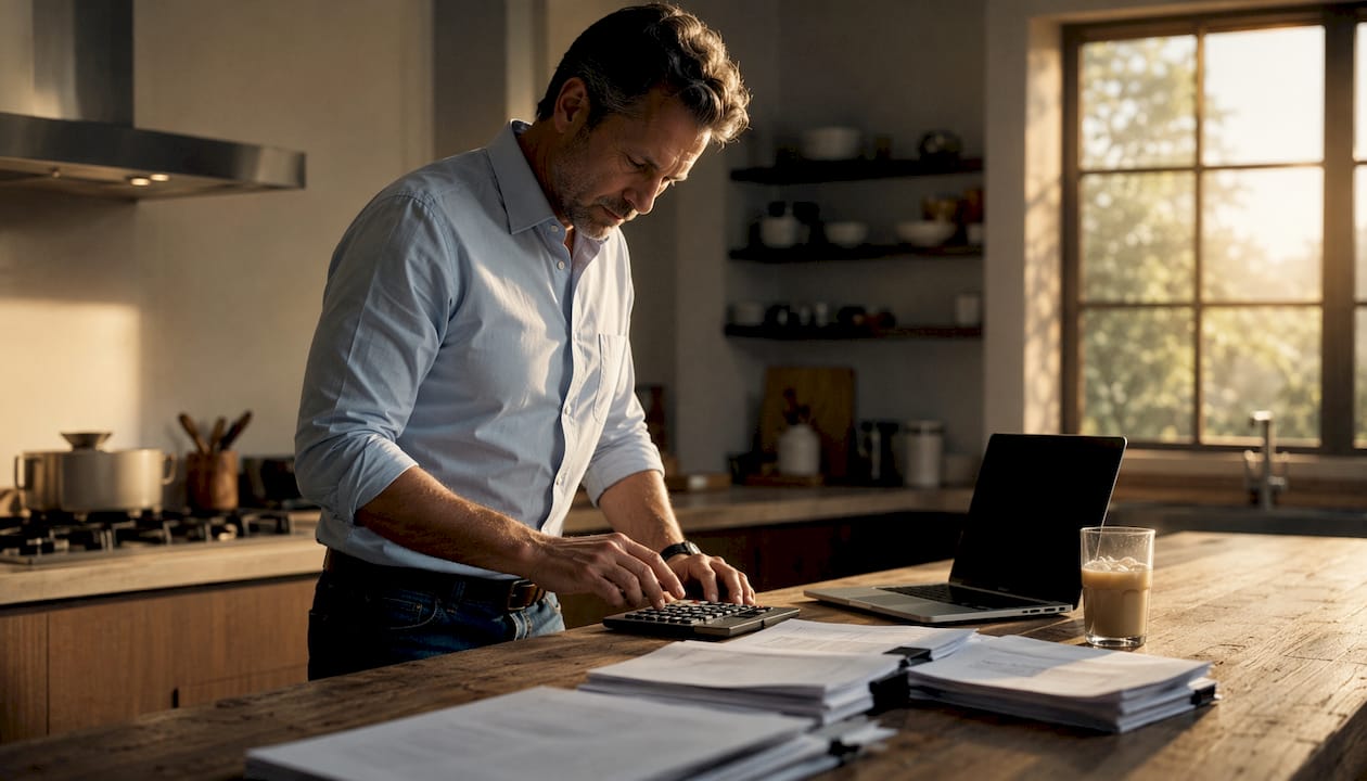 Man calculating car loan interest at home table