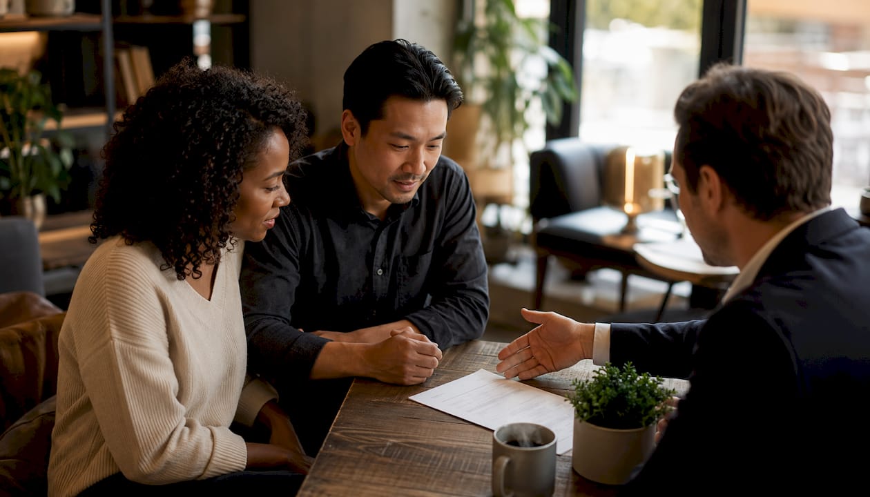 Couple negotiating car loan APR with dealer