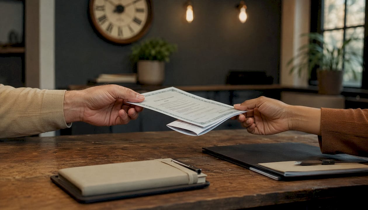 Hands exchanging car title and loan documents