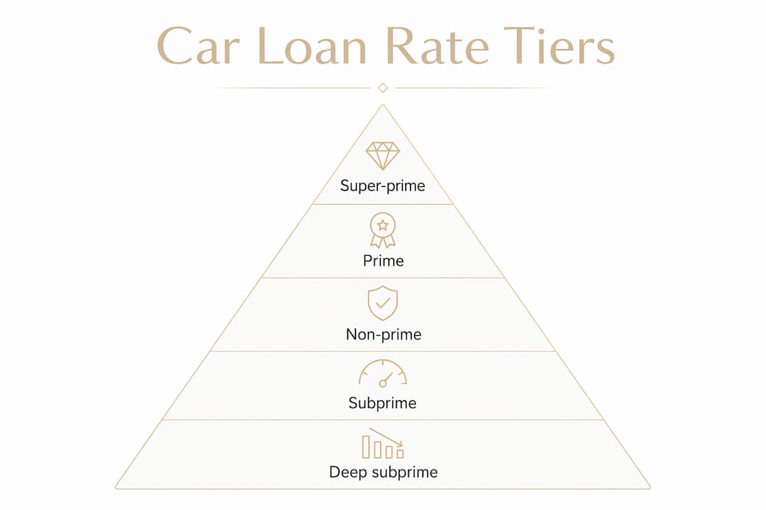 Infographic illustrating car loan rate credit tiers