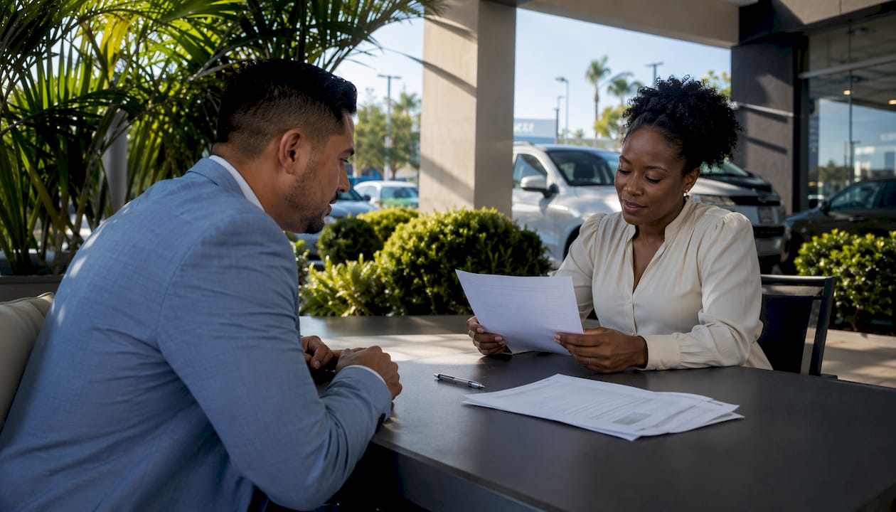 Hands exchanging car loan pre-approval documents at dealership