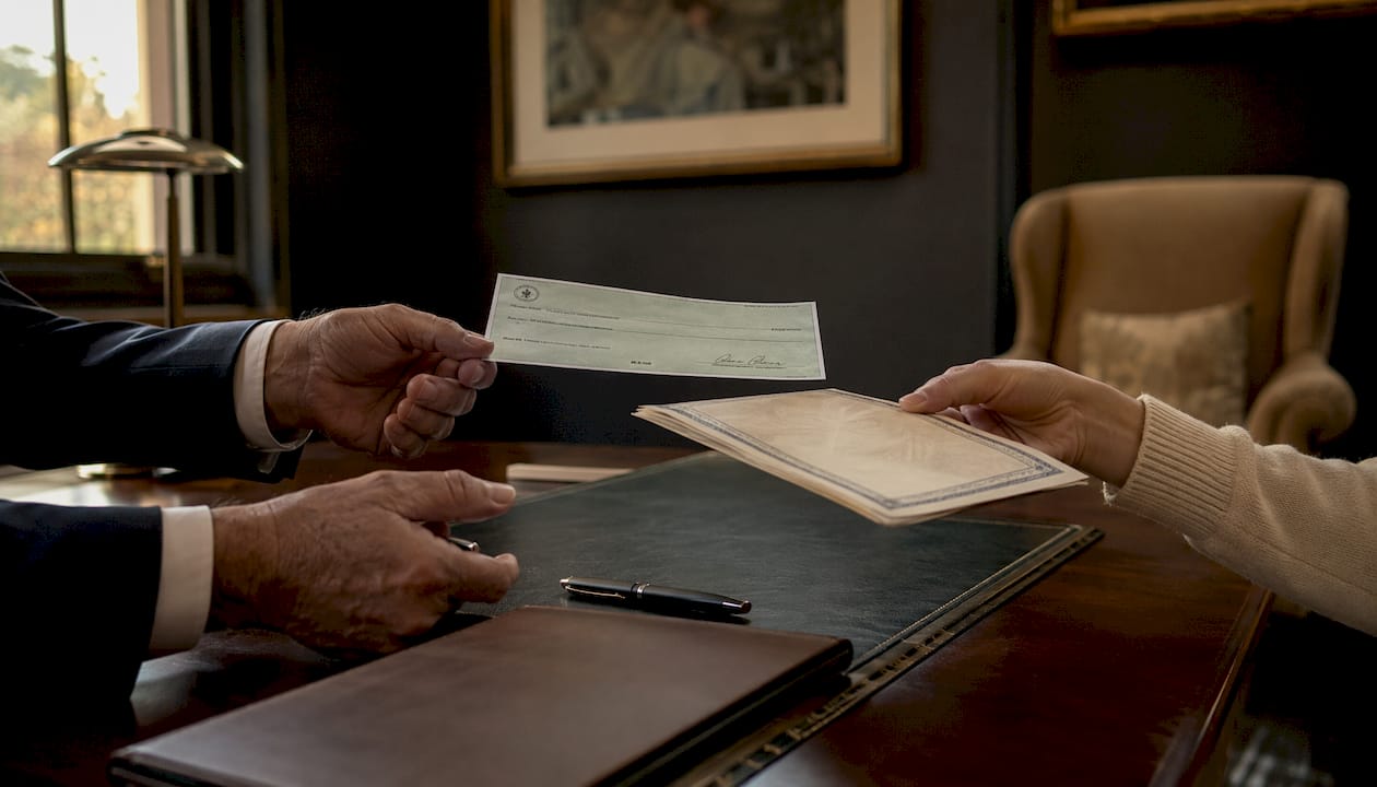 Hands exchanging check and car keys at dealership